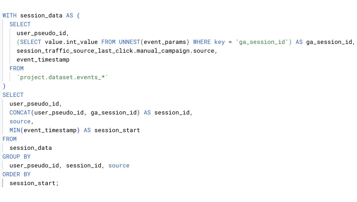 How to Create a Session Table with the session_traffic_source_last_click Field in BigQuery?